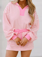 Sarah Express Women's Striped Top and Skirt Set with Drawstring Pink