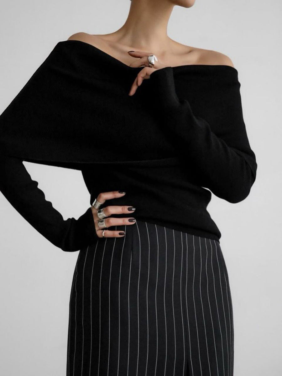Sarah Express Women's Off-Shoulder Knitted Long Sleeve Top Slim Fit Pullover Sweater