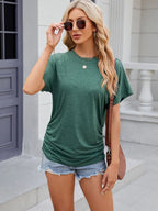 Sarah Express Women's Round Neck Short Sleeve Ruched T-Shirt Dark Green
