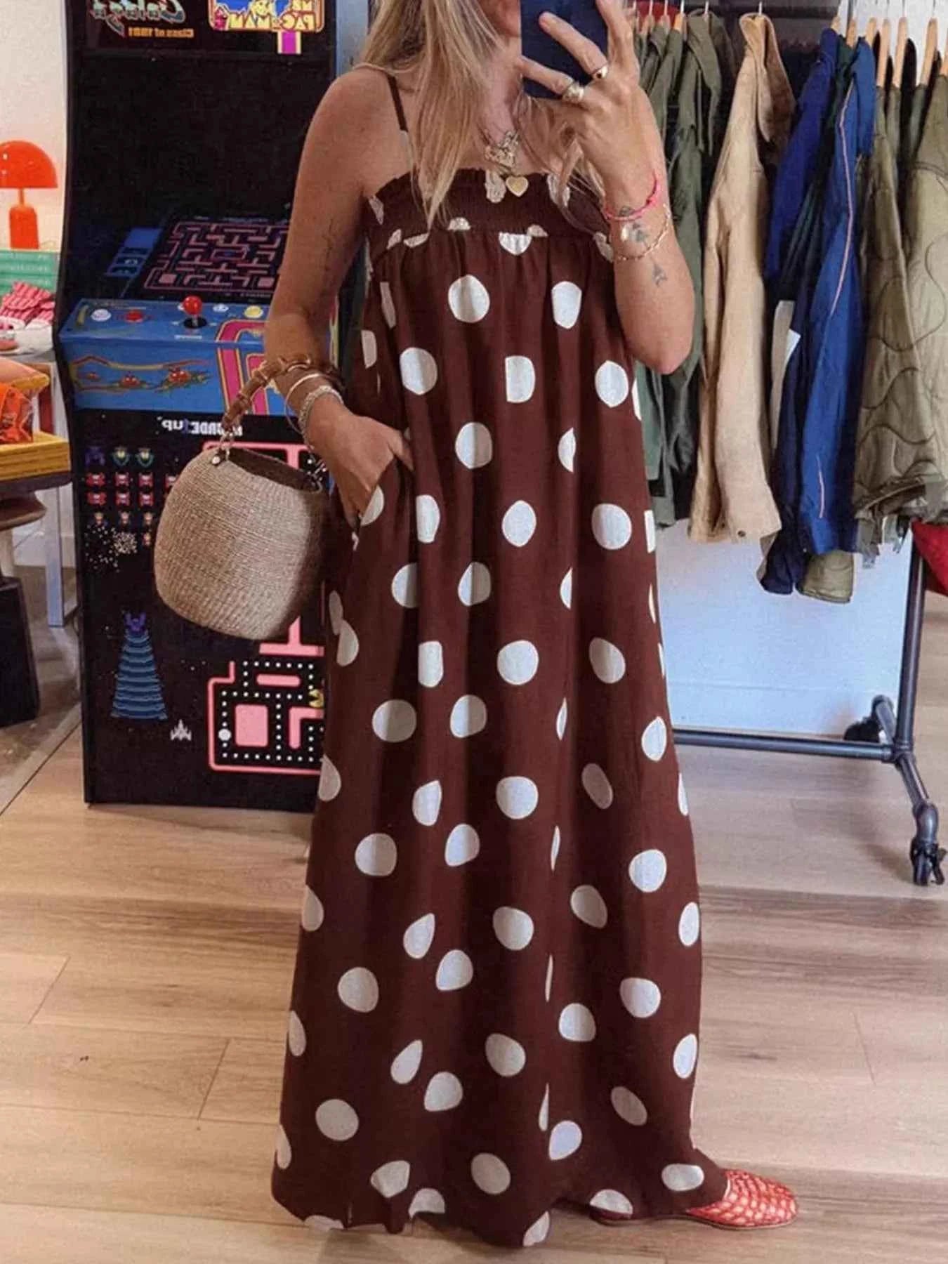 Sarah Express Women's Polka Dot Spaghetti Strap Maxi Dress - Flowy Summer Dress