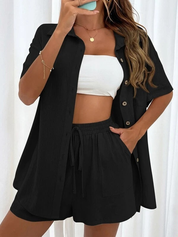 Sarah Express Women's Two-Piece Shirt & Shorts Set - Solid Color Cotton Coordinated Suit