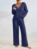 Sarah Express Women's Ribbed V-Neck Top and Pants Lounge Set - Two Piece Outfit