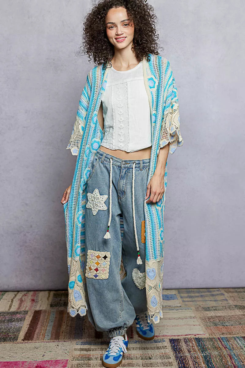 Sarah Express Women's Striped and Floral Pattern Crochet Longline Cardigan