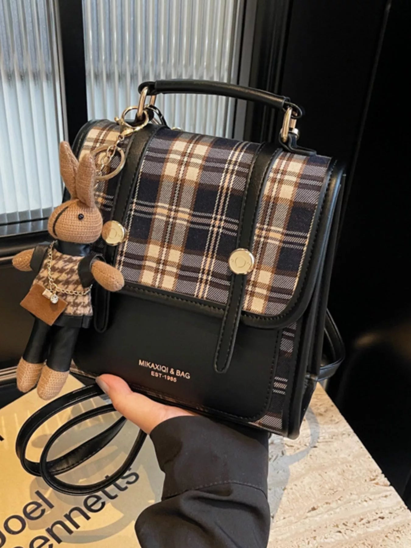 Sarah Express Women's Plaid Pattern Mini Backpack Bag Black ONESIZE