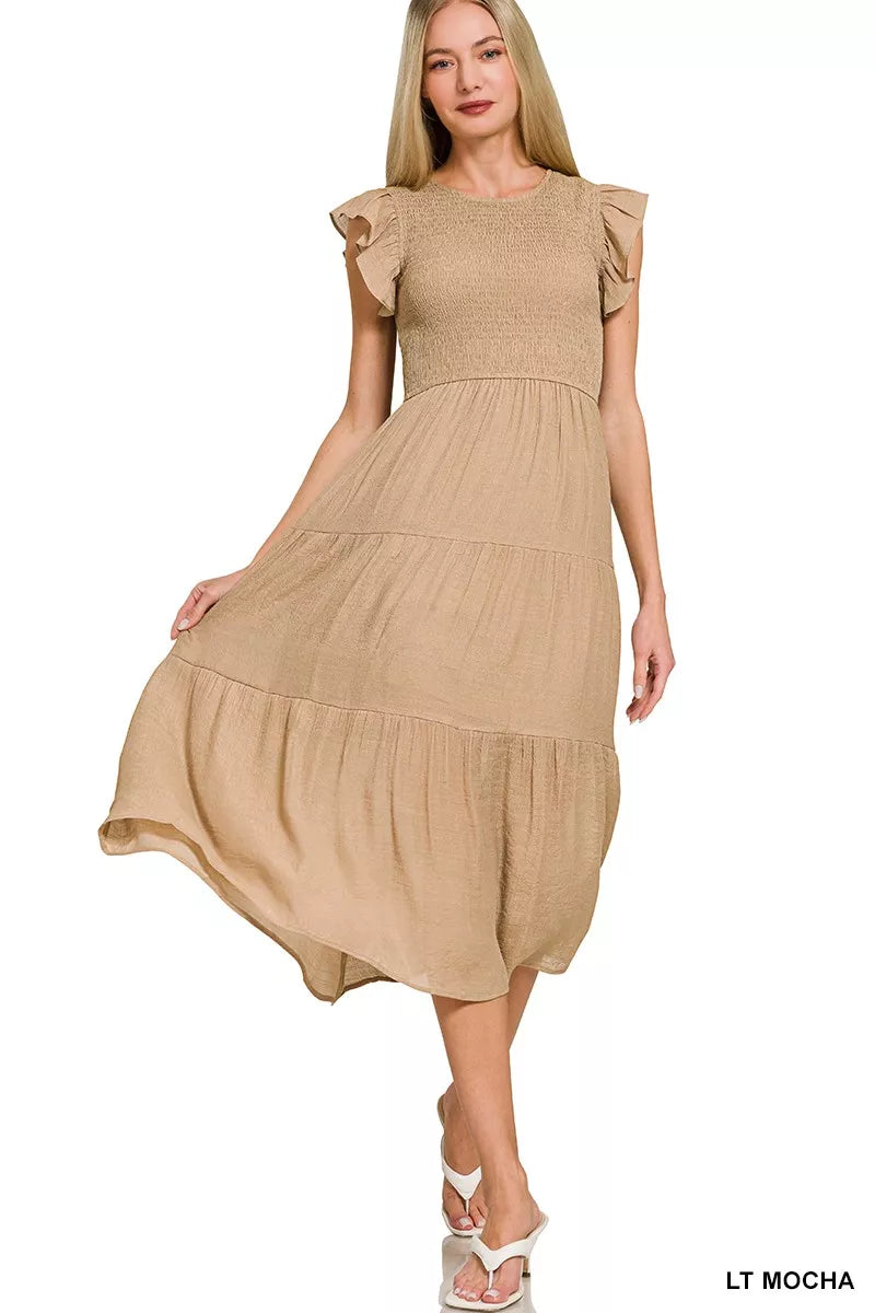 Sarah Express Women's Smocked Ruffle Sleeve Midi Dress - Woven Tiered Summer Dress LT MOCHA