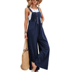 Sarah Express Women's Solid Color Cotton Suspender Trousers Casual Overall Straight Leg Mid Waist with Pockets
