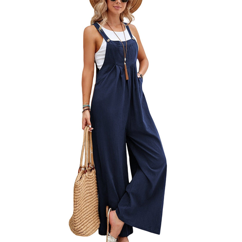 Sarah Express Women's Solid Color Cotton Suspender Trousers Casual Overall Straight Leg Mid Waist with Pockets
