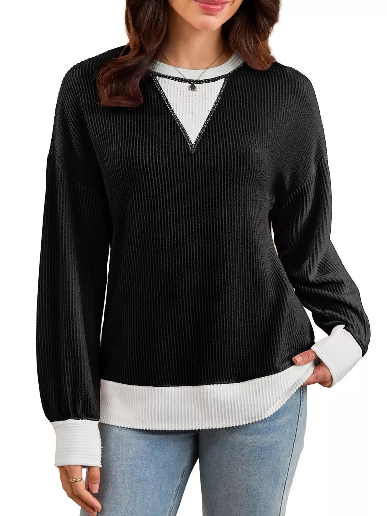 Sarah Express Women's Two-Tone Ribbed Knit Sweatshirt