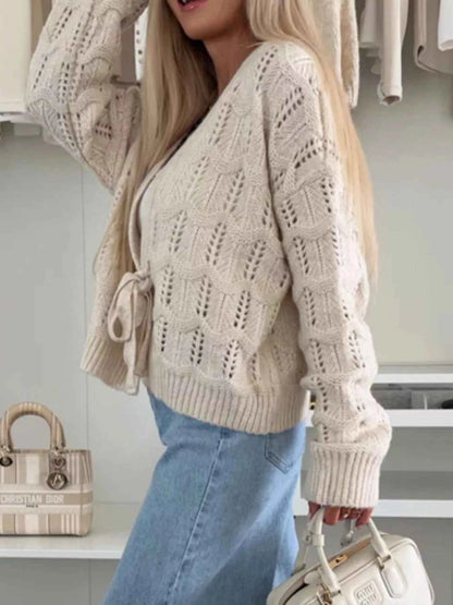 Sarah Express Women's Tie-Front Openwork Cardigan - Lightweight Knit Sweater