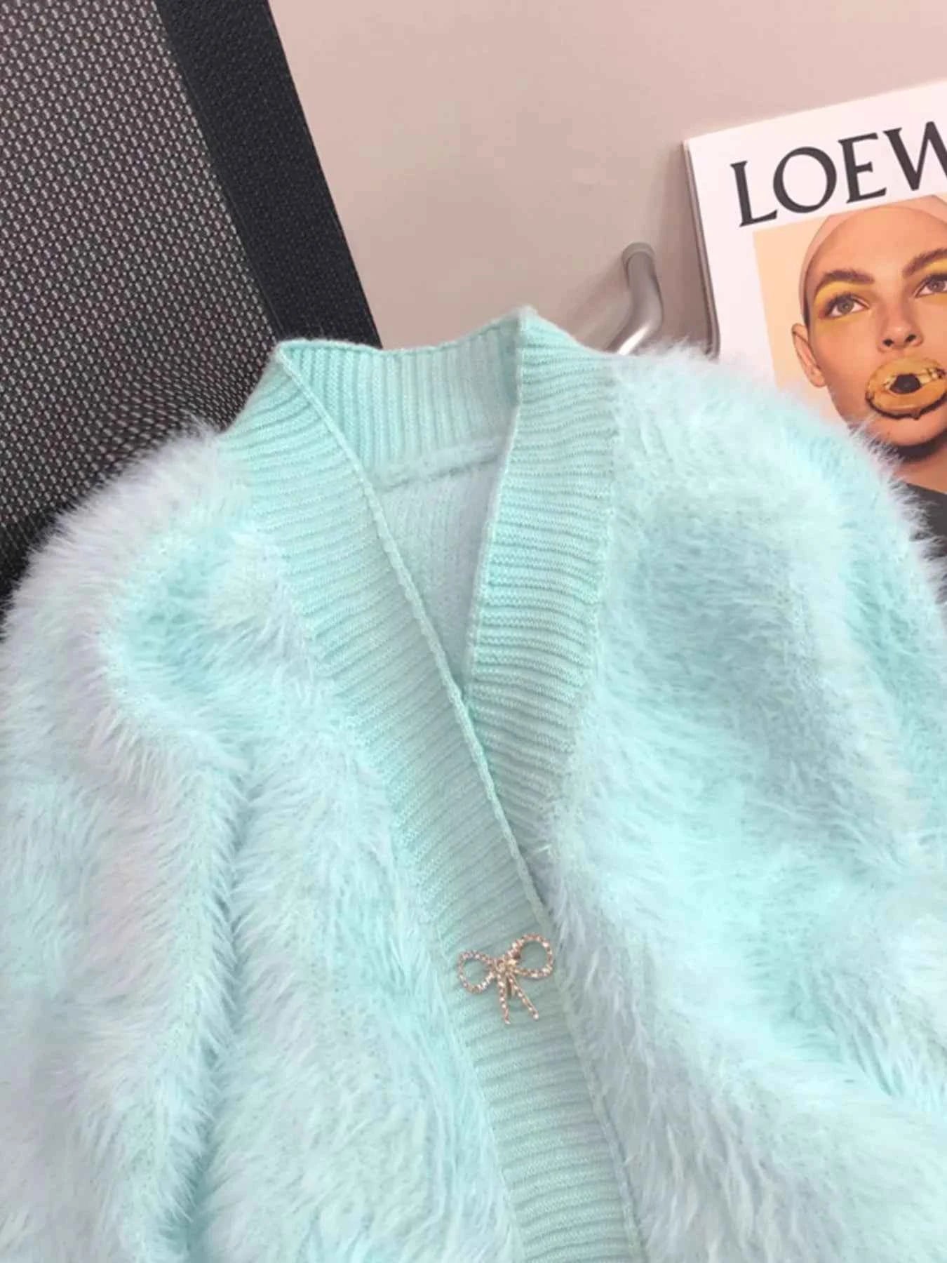 Sarah Express Women's Fuzzy Bow Button Up Cardigan - Cozy Knit Sweater