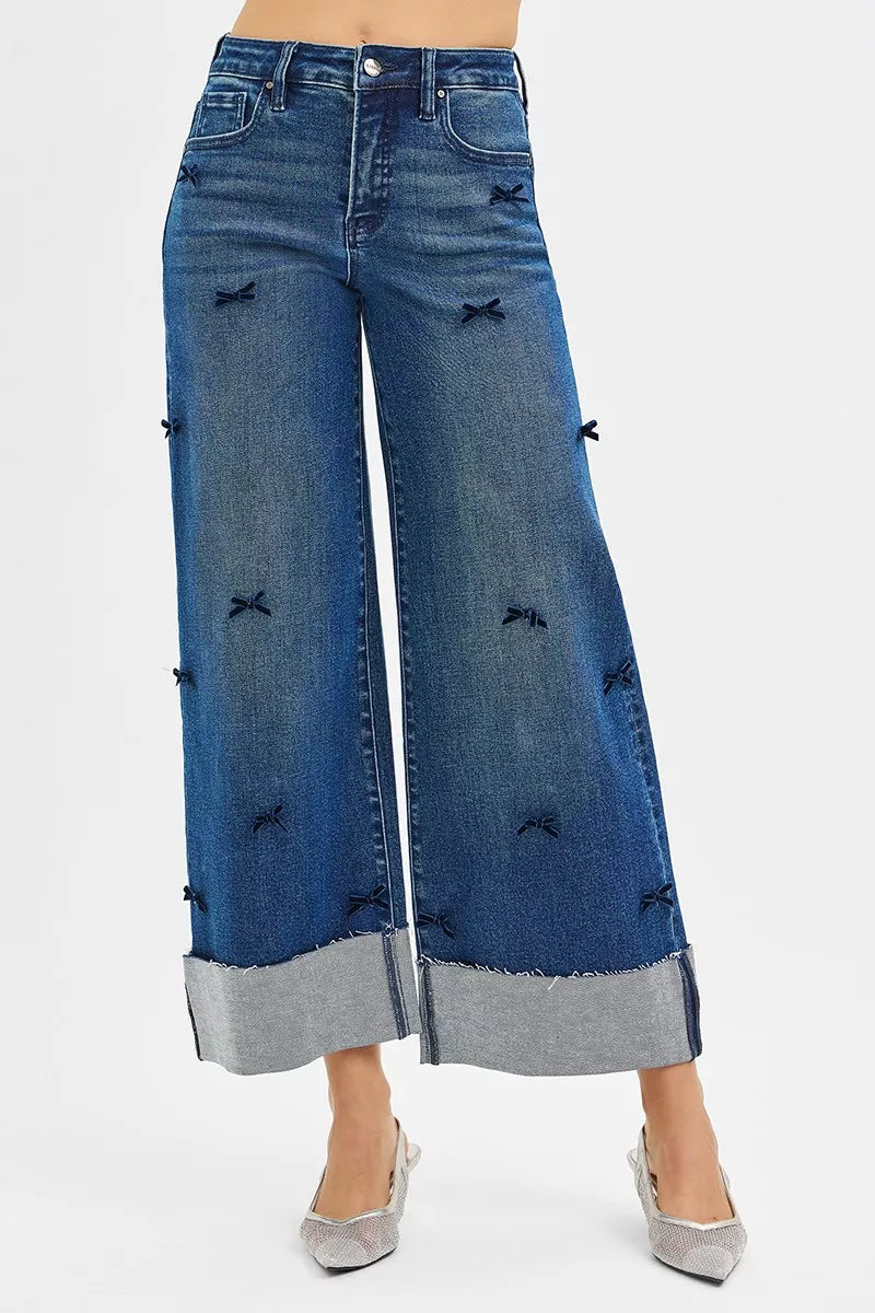 Sarah Express Women’s High Rise Crop Wide Leg Jeans with Ribbon Detail
