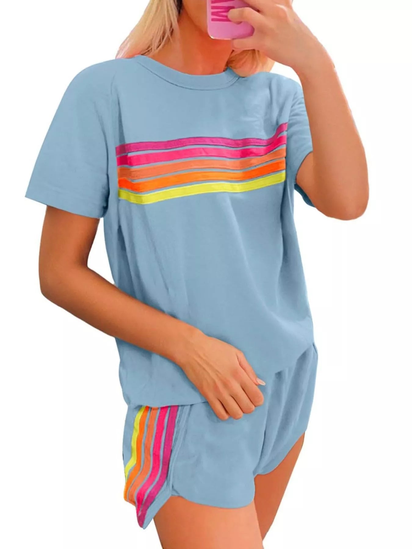 Sarah Express Women's Rainbow Striped Two Piece Set - Round Neck Top & Shorts Lounge Set