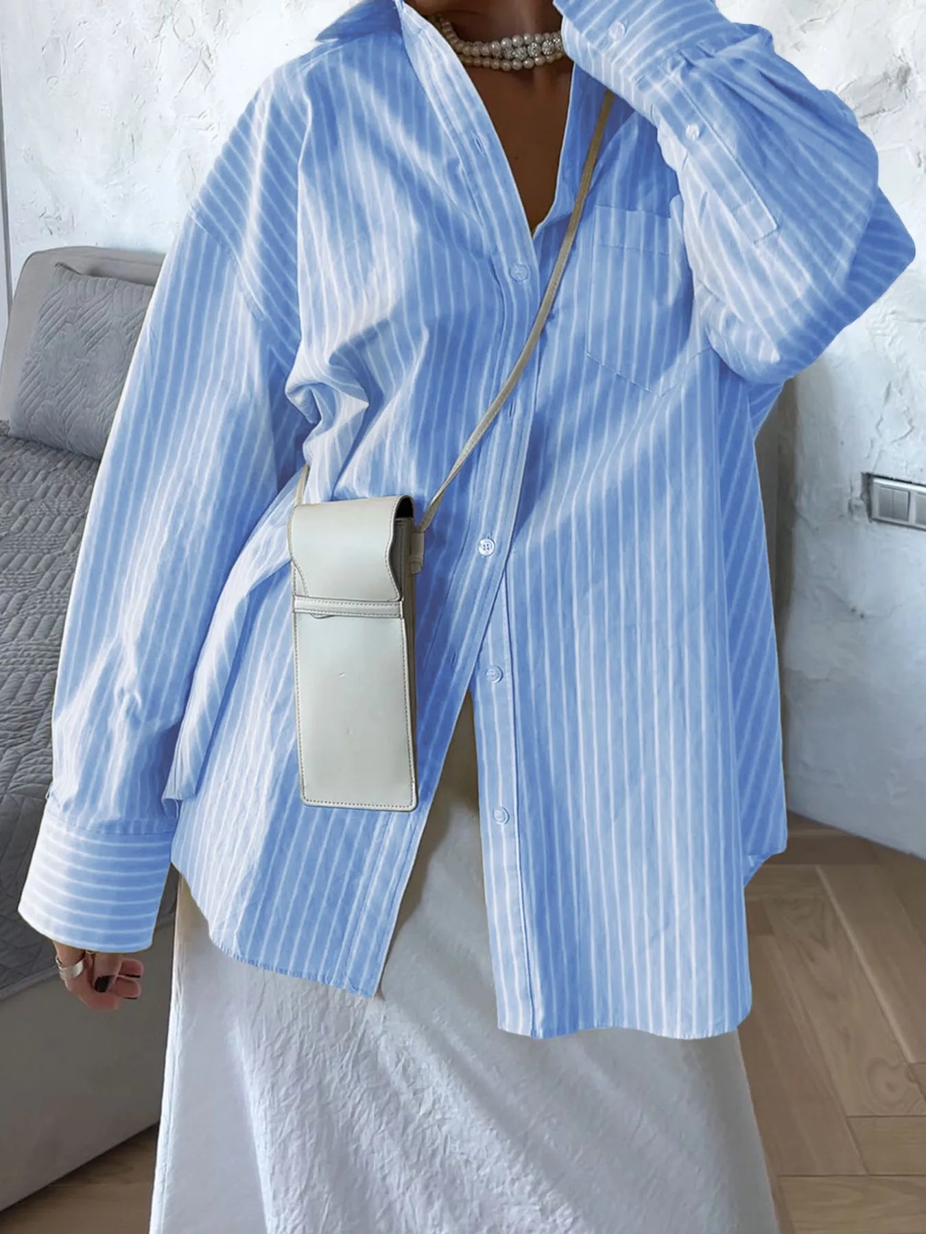 Sarah Express Women's Oversized Striped Button-Down Shirt Light Blue