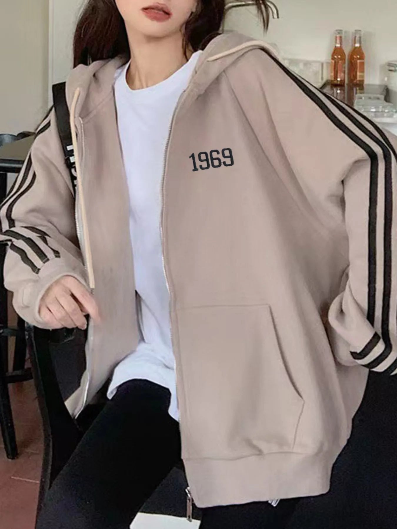 Sarah Express Women's Striped Sleeve Zip-Up Hoodie Mocha