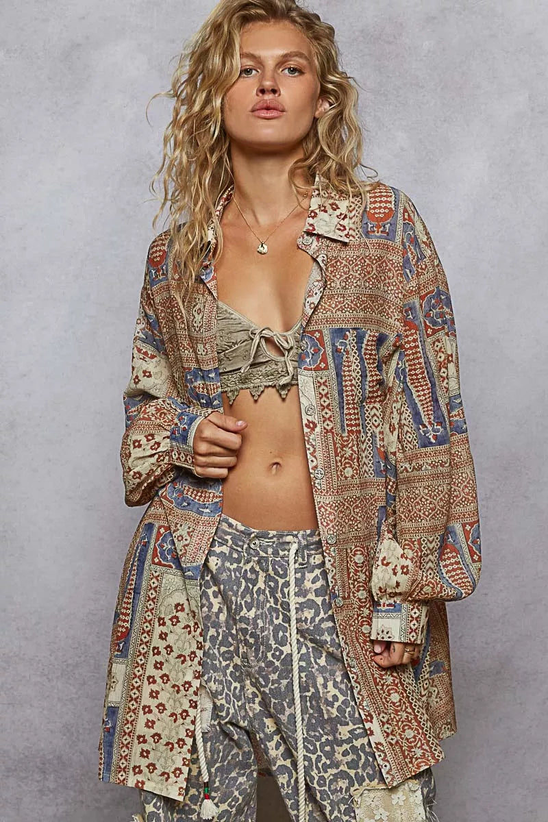 Sarah Express Women’s Printed Button-Down Shirt with Balloon Sleeves