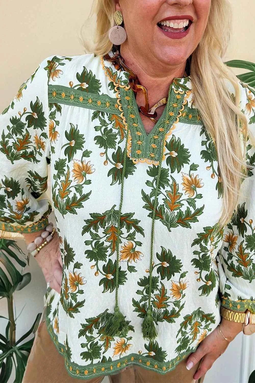 Sarah Express Women's Plus Size Floral Patchwork Blouse with Tassel Tie 3/4 Sleeve Green
