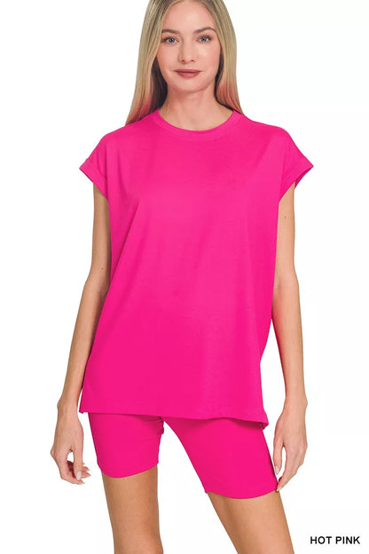 Sarah Express Women's Brushed Microfiber Top & Biker Shorts Set HOT PINK