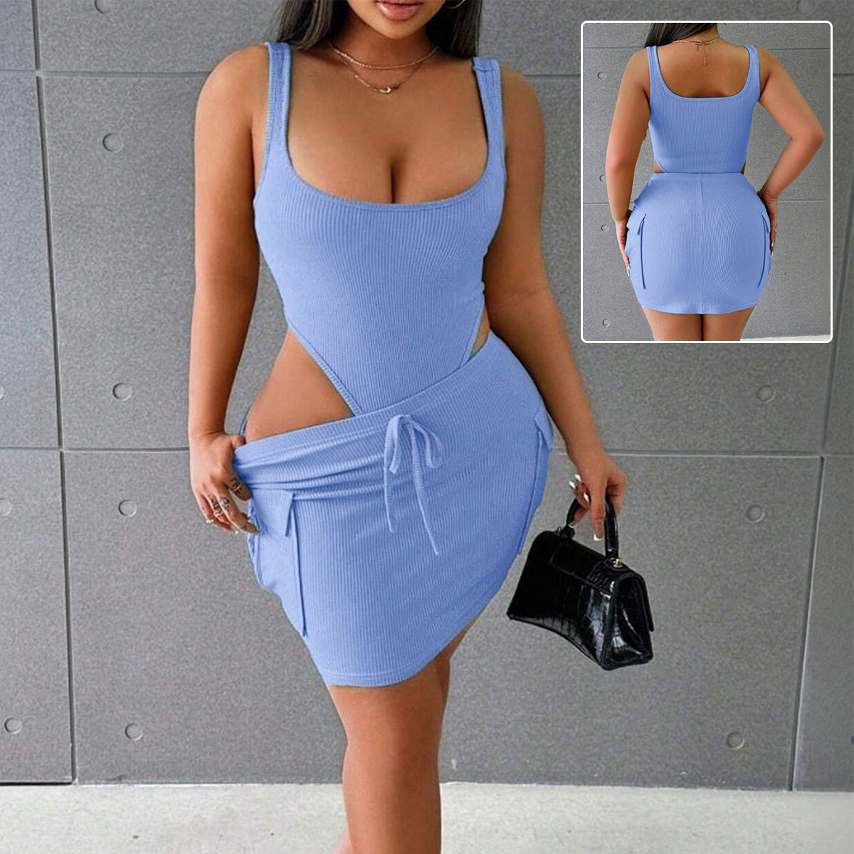 Sarah Express Women's Sleeveless Denim Jumpsuit with Skirt Overlay Two-Piece Set