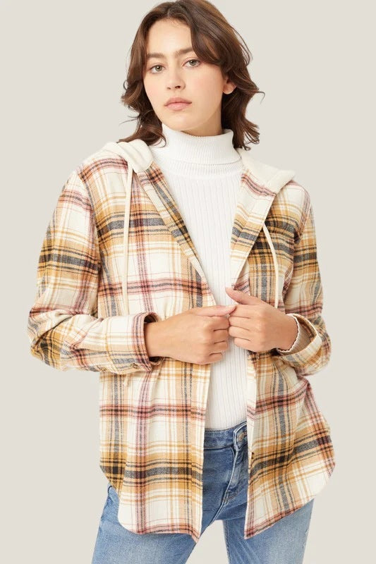 Sarah Express Women's Plaid Hooded Shirt Jacket Casual Loose Fit Pullover Top