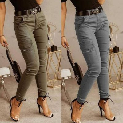 Sarah Express Women's Low Waist Cotton Blend Cargo Overalls Loose Fit Button Detail Trousers
