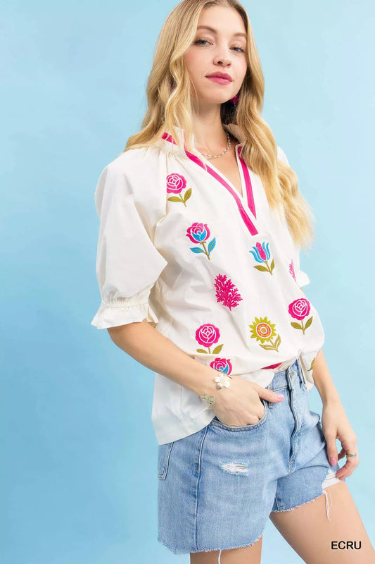 Sarah Express Women's Embroidered Floral Top with Contrast Trim - Bohemian Blouse