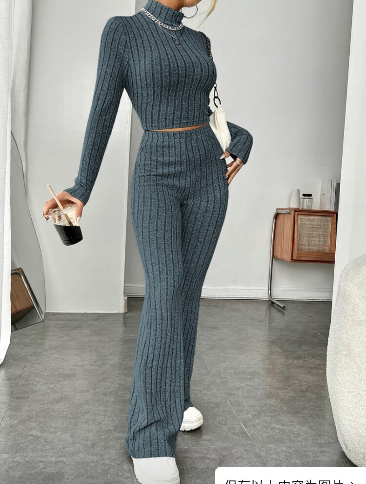 Sarah Express Women's Turtleneck Top and Wide Leg Pants Two-Piece Set Cotton Loungewear Suit