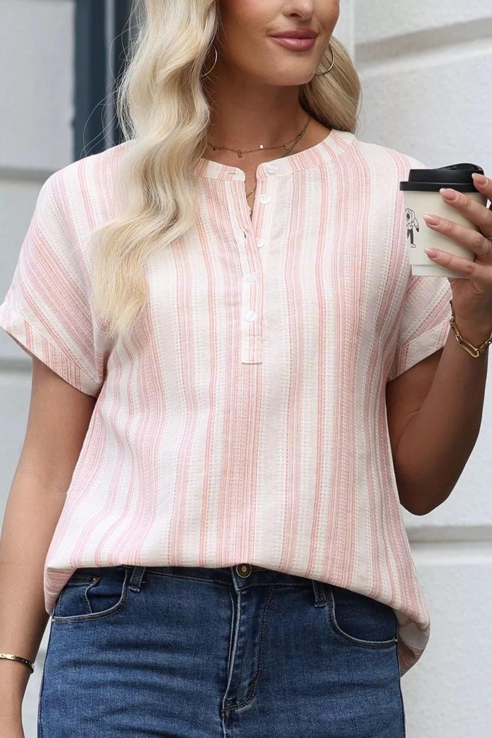 Sarah Express Women's Striped Button Detail Short Sleeve Blouse - Casual Cotton Blend Top