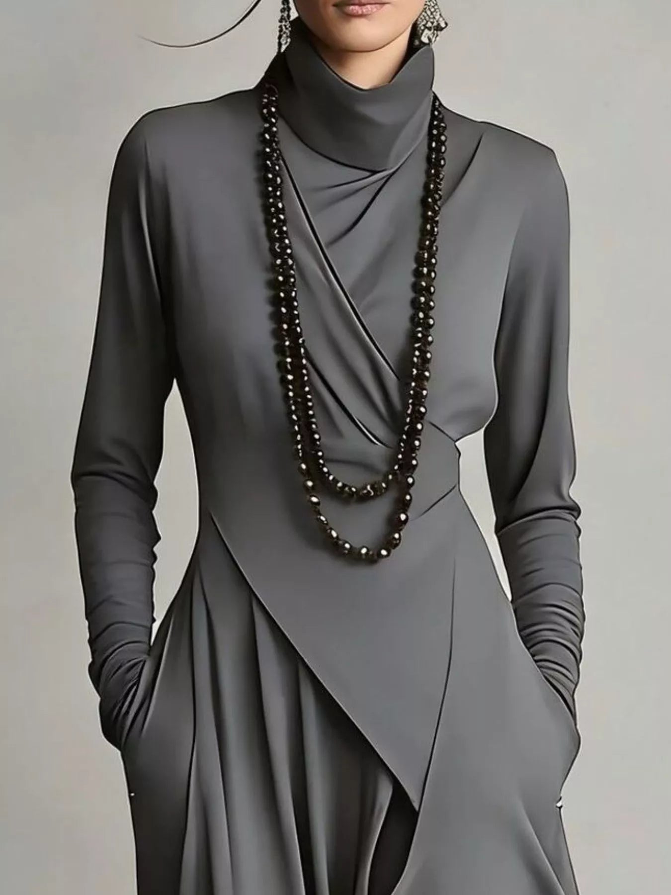 Sarah Express Women's Asymmetrical Hem Turtleneck Dress with Pockets Plus Size