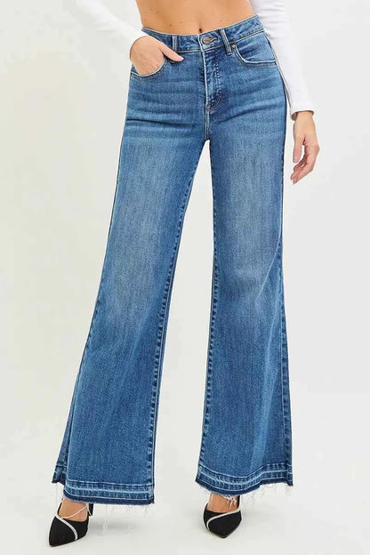 Sarah Express Women's High Rise Wide Leg Jeans with Released Hem - Denim Trouser Pants