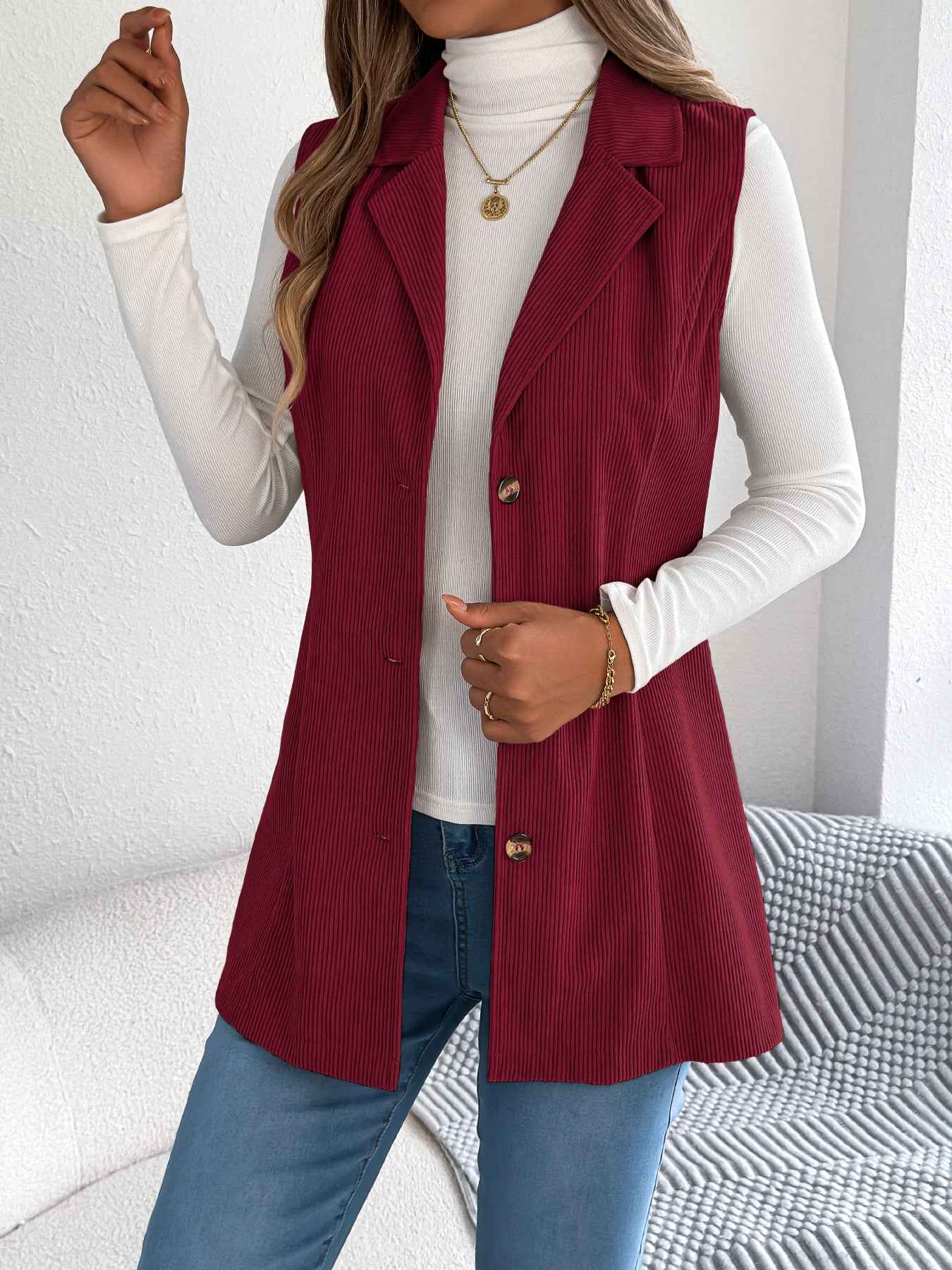 Sarah Express Women's Single-Breasted Corduroy Vest Jacket Blazer