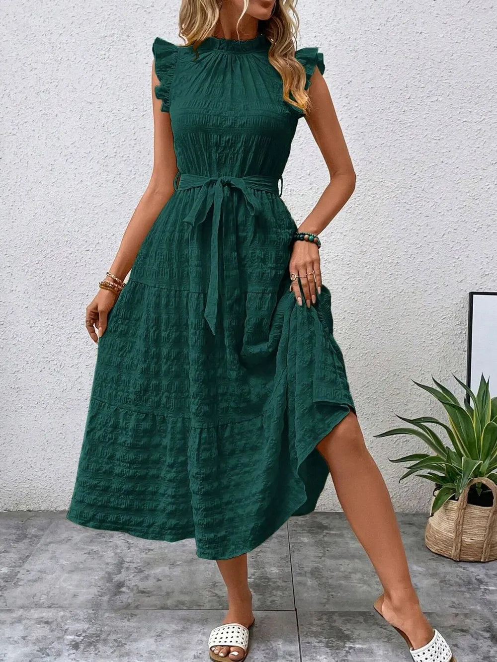 Sarah Express Women's Tied Ruffled Cap Sleeve Midi Dress Dark Green