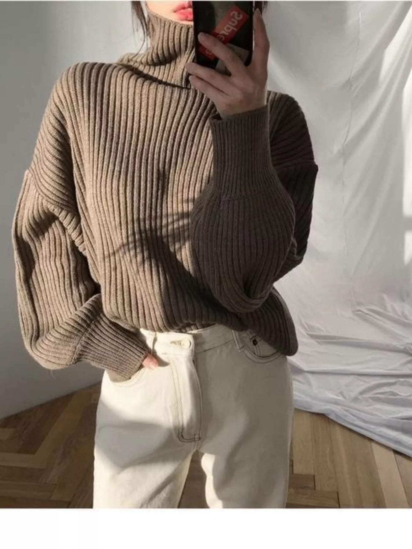 Sarah Express Women's Oversized Turtleneck Ribbed Knit Sweater Plus Size