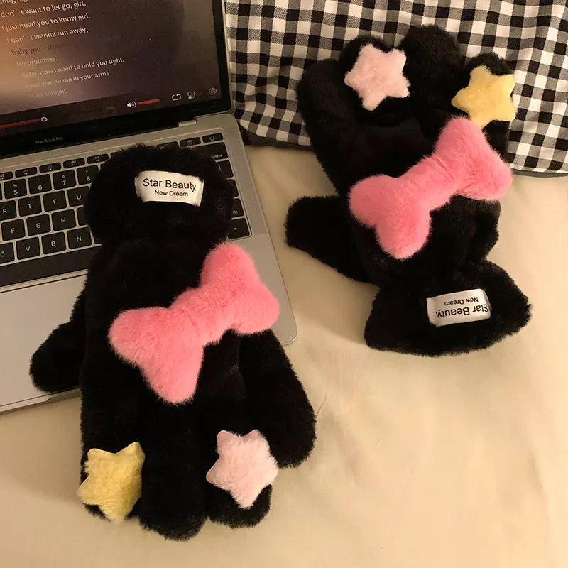 Sarah Express Women's Star Plush Winter Gloves - Cozy Warm Fleece Lined Black One Size