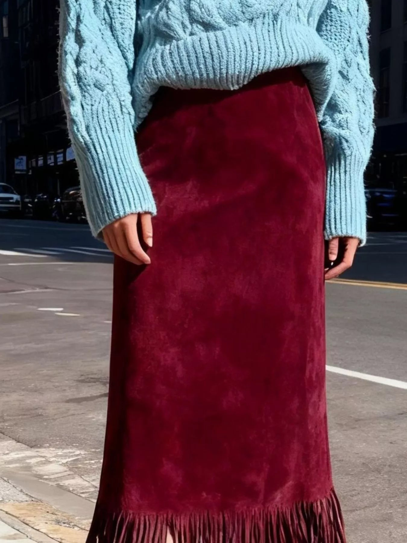 Sarah Express Women's Suede Fringe Midi Skirt