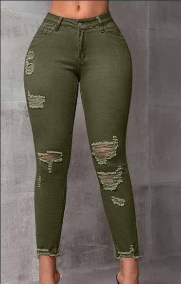 Sarah Express Women's Ripped Ankle Jeans Slim Fit High Stretch Denim - Casual Cropped Nine-Point Distressed