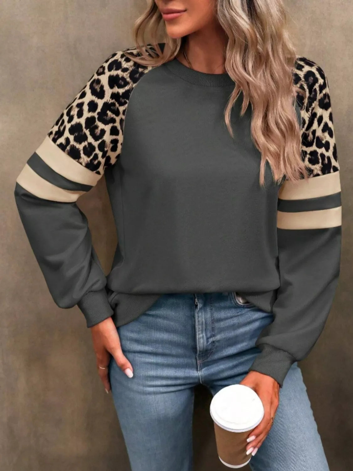 Sarah Express Women's Leopard Raglan Sleeve Striped Sweatshirt