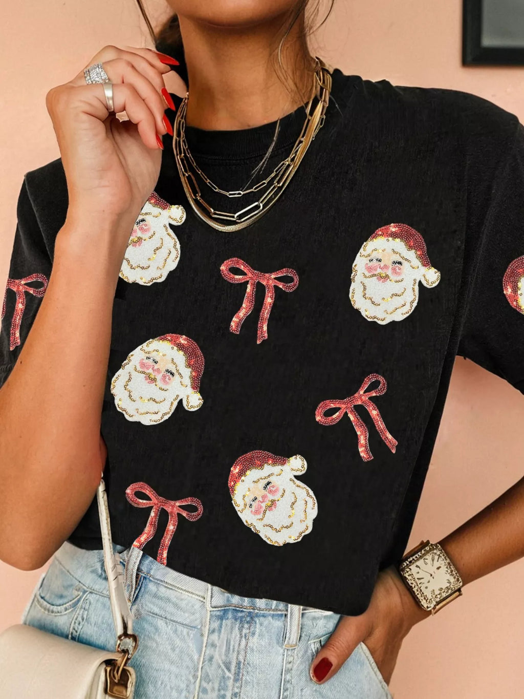 Sarah Express Women's Sequin Christmas Bow Santa Claus Patched T Shirt