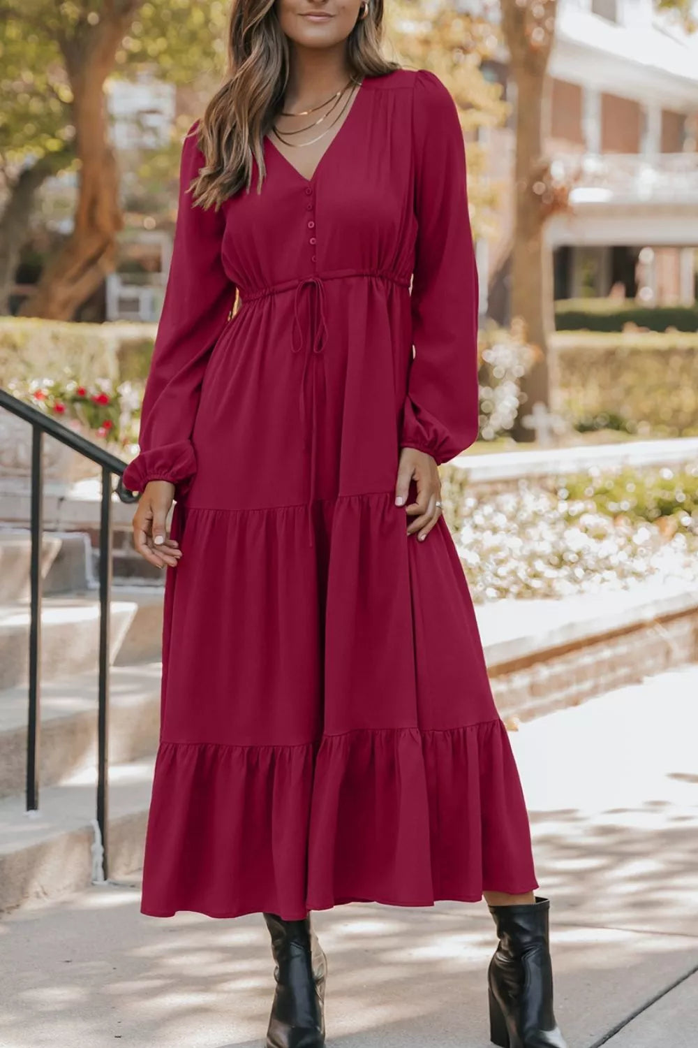 Sarah Express Women's Leopard Trim Notched Neck Puff Sleeve Shift Mini Dress