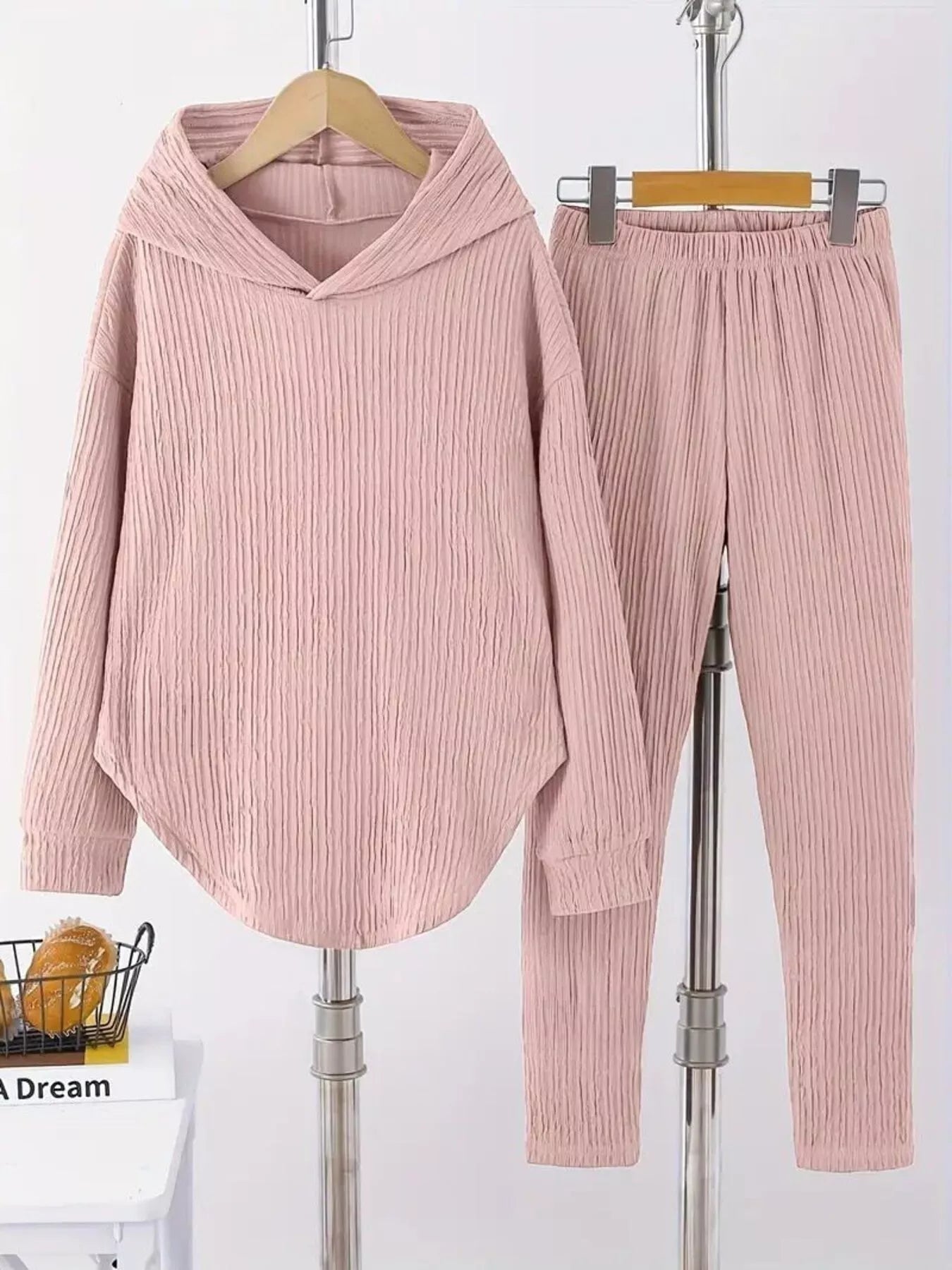 Sarah Express Women's Textured Long Sleeve Hoodie and Pants Set Pink
