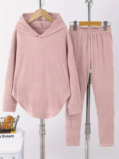 Sarah Express Women's Textured Long Sleeve Hoodie and Pants Set Pink