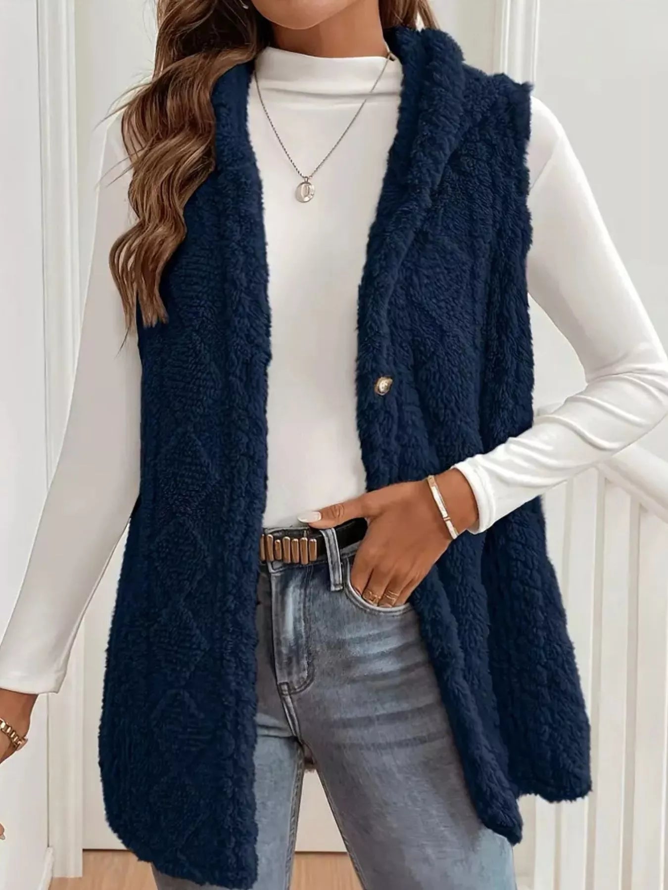 Sarah Express Women's Button-Down Sherpa Hooded Vest Coat Dark Blue