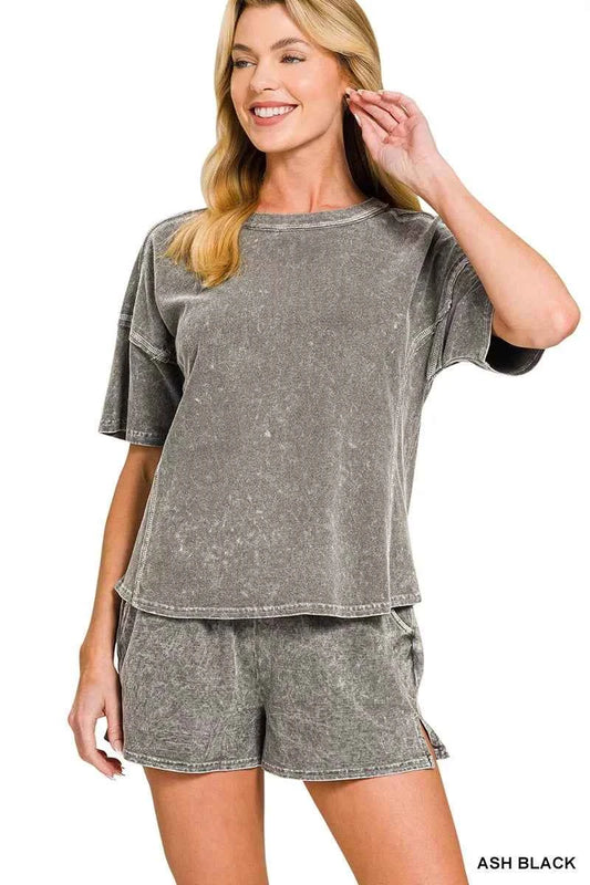 Sarah Express Women's Snow Washed Short Sleeve Tee and Shorts Set - Casual Loungewear ASH BLACK