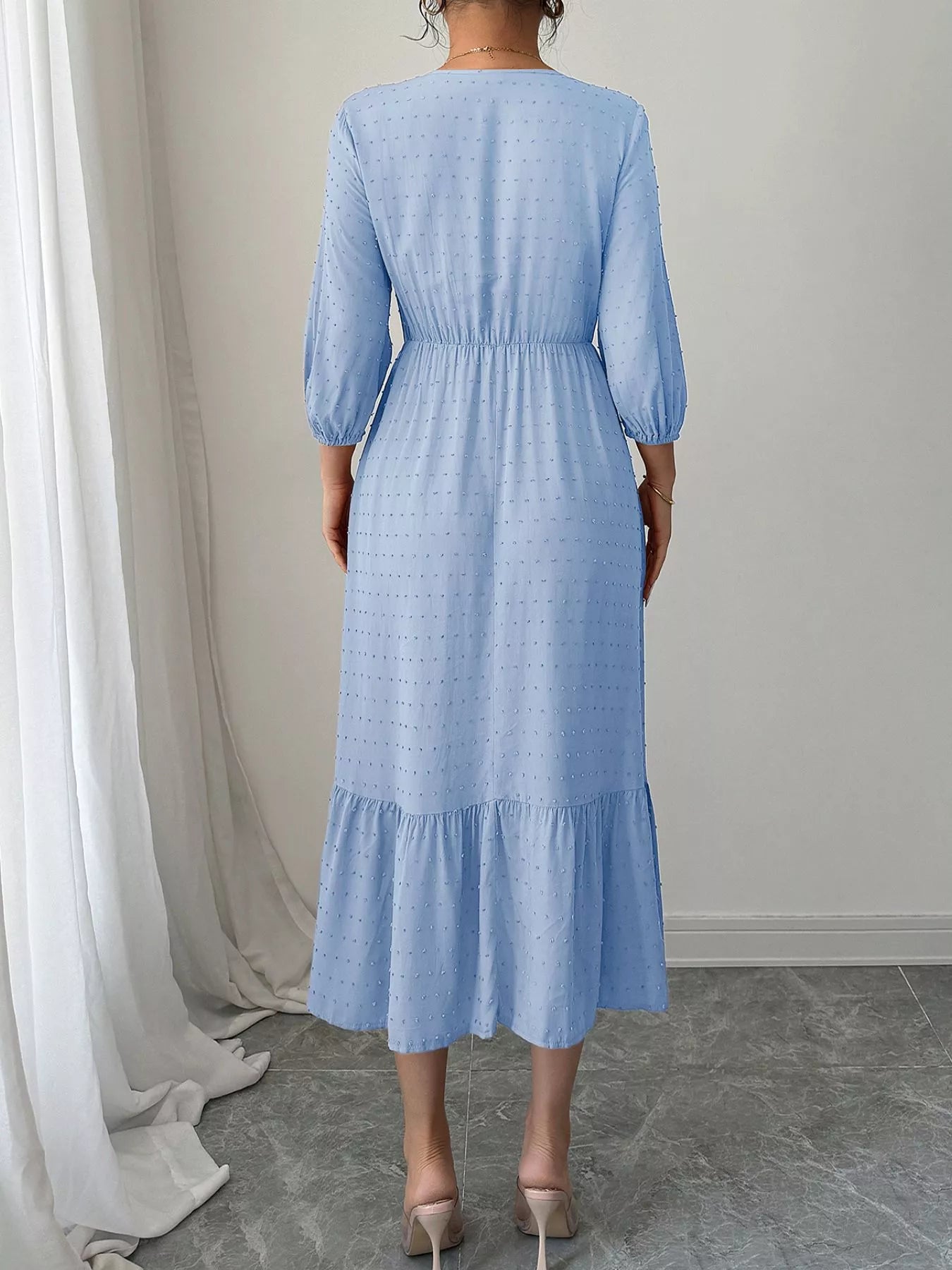 Sarah Express Women's Swiss Dot Ruffle Hem Midi Dress - Long Sleeve Ruched Dress