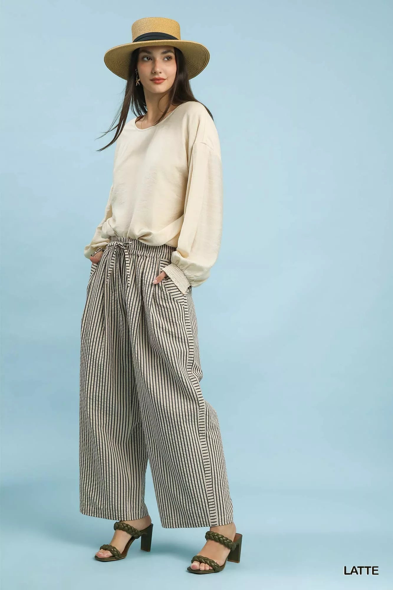 Sarah Express Women's Drawstring Striped Wide-Leg Pants