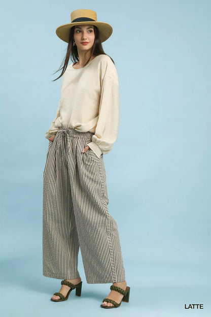 Sarah Express Women's Drawstring Striped Wide-Leg Pants
