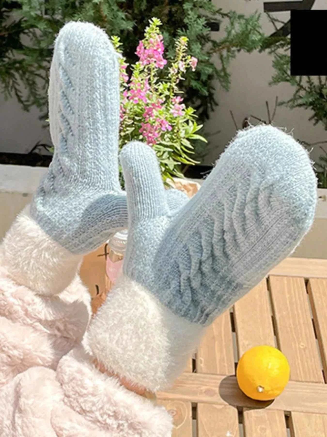 Sarah Express Women's Cozy Knit Mittens with Fur Cuff - Winter Gloves Light Blue One Size