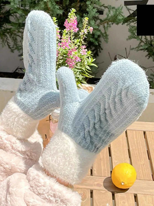 Sarah Express Women's Cozy Knit Mittens with Fur Cuff - Winter Gloves Light Blue One Size