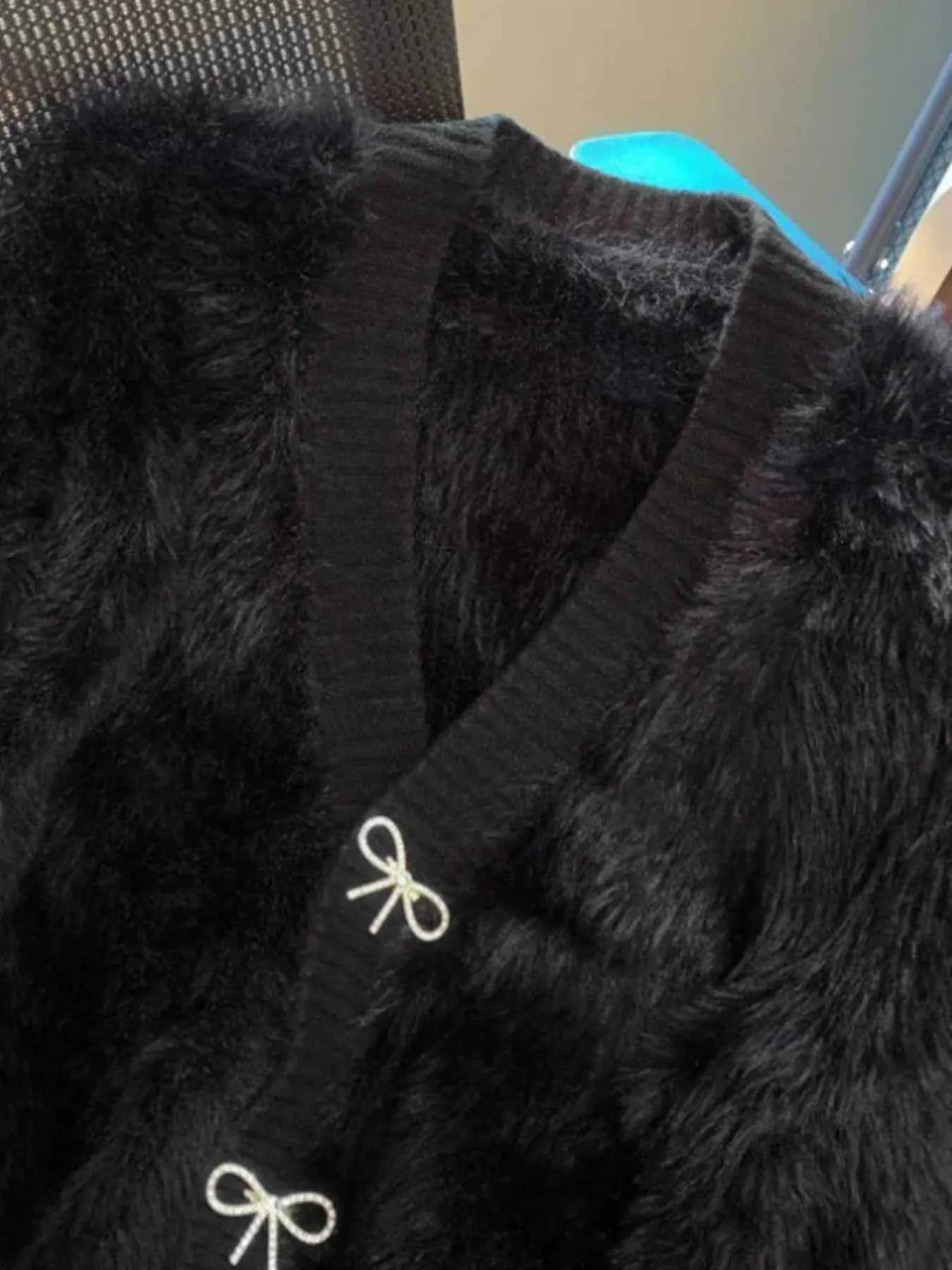 Sarah Express Women's Fuzzy Bow Button Up Cardigan - Cozy Knit Sweater