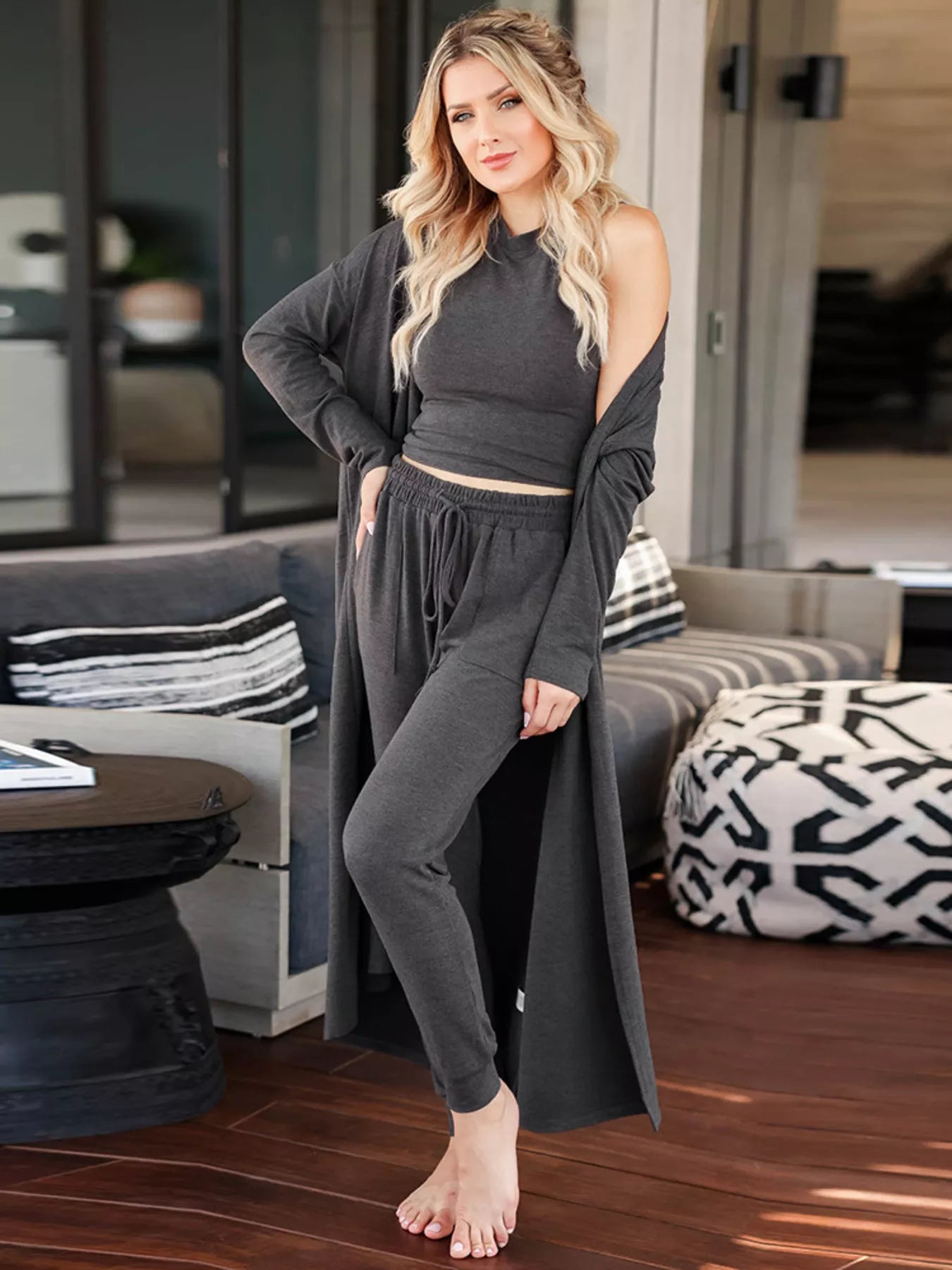 Sarah Express Women's 3 Piece Lounge Set - Tank Top Cardigan Pants Outfit with Pockets Dark Gray