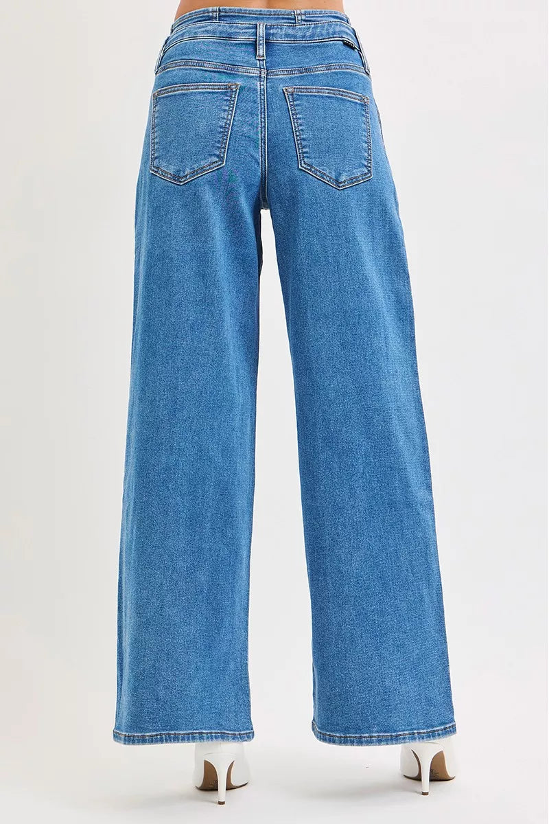 Sarah Express Women’s Plus Size Mid Rise Wide Leg Jeans with Pleated Detail
